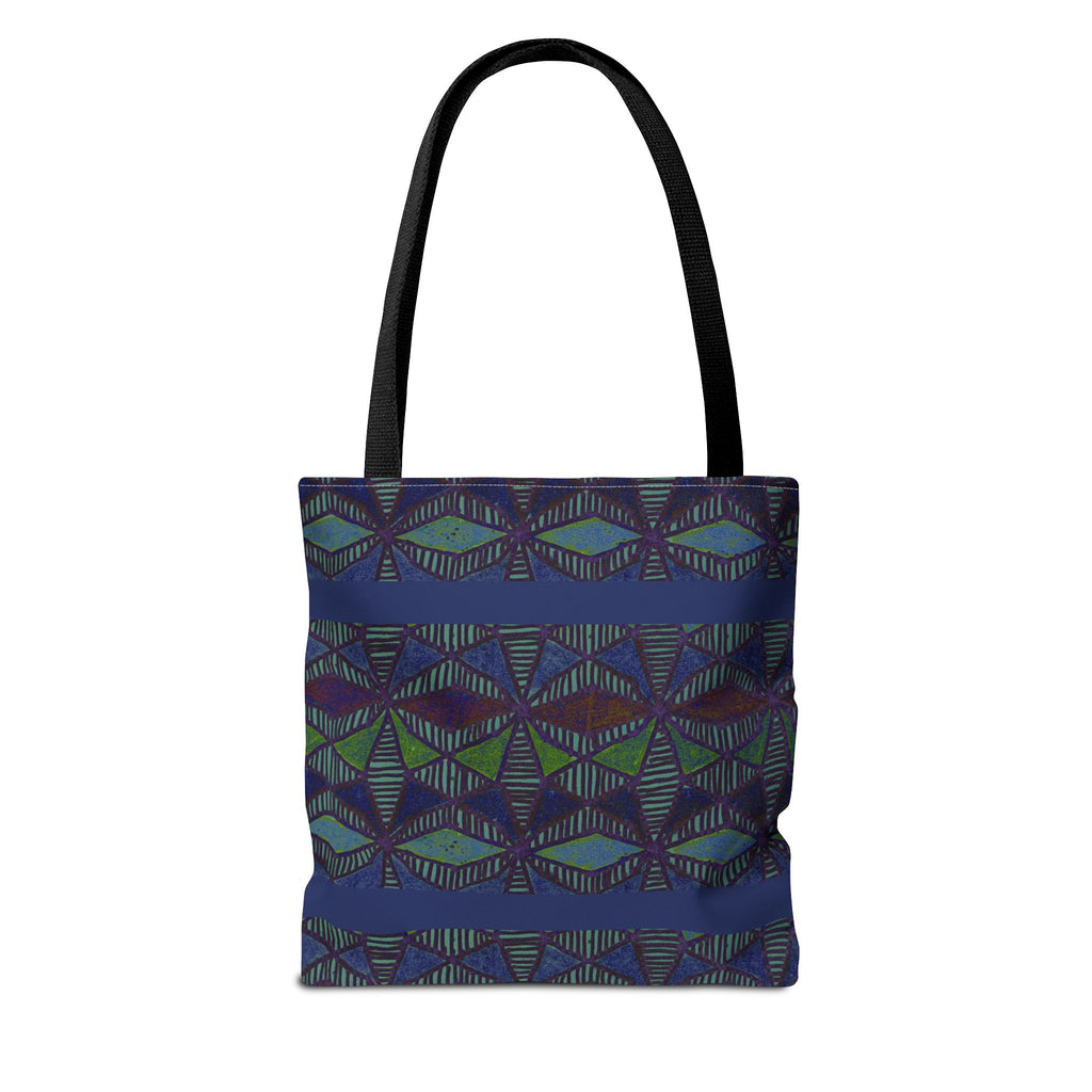 Geometric Indigo Printed Canvas Market Tote With Reinforced Handles And Boxed Corners, large cotton tote shown from the back with black handles