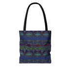 Geometric Indigo Printed Canvas Market Tote With Reinforced Handles And Boxed Corners, large cotton tote shown from the back with black handles