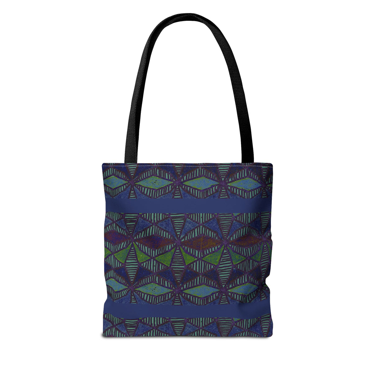 Geometric Indigo Printed Canvas Market Tote With Reinforced Handles And Boxed Corners, large cotton tote shown from the back with black handles