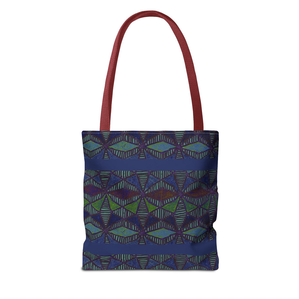 Geometric Indigo Printed Canvas Market Tote With Reinforced Handles And Boxed Corners, large cotton tote carried by hand with burgundy handles