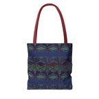 Geometric Indigo Printed Canvas Market Tote With Reinforced Handles And Boxed Corners, large cotton tote carried by hand with burgundy handles