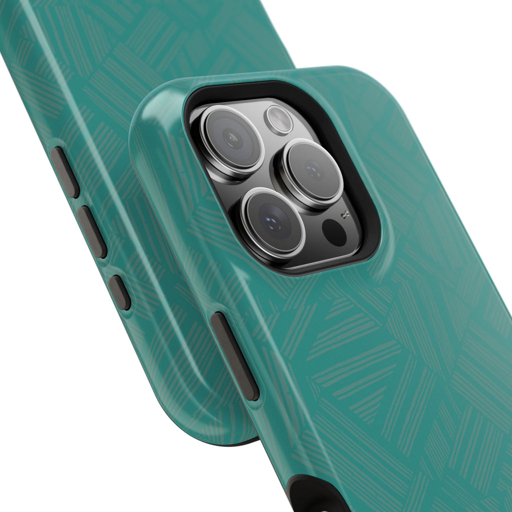 Magnetic Impact-Resistant Phone Case — Teal Geometric Protective Cover, magnetic iphone 18 pro case close-up of impact-resistant shell