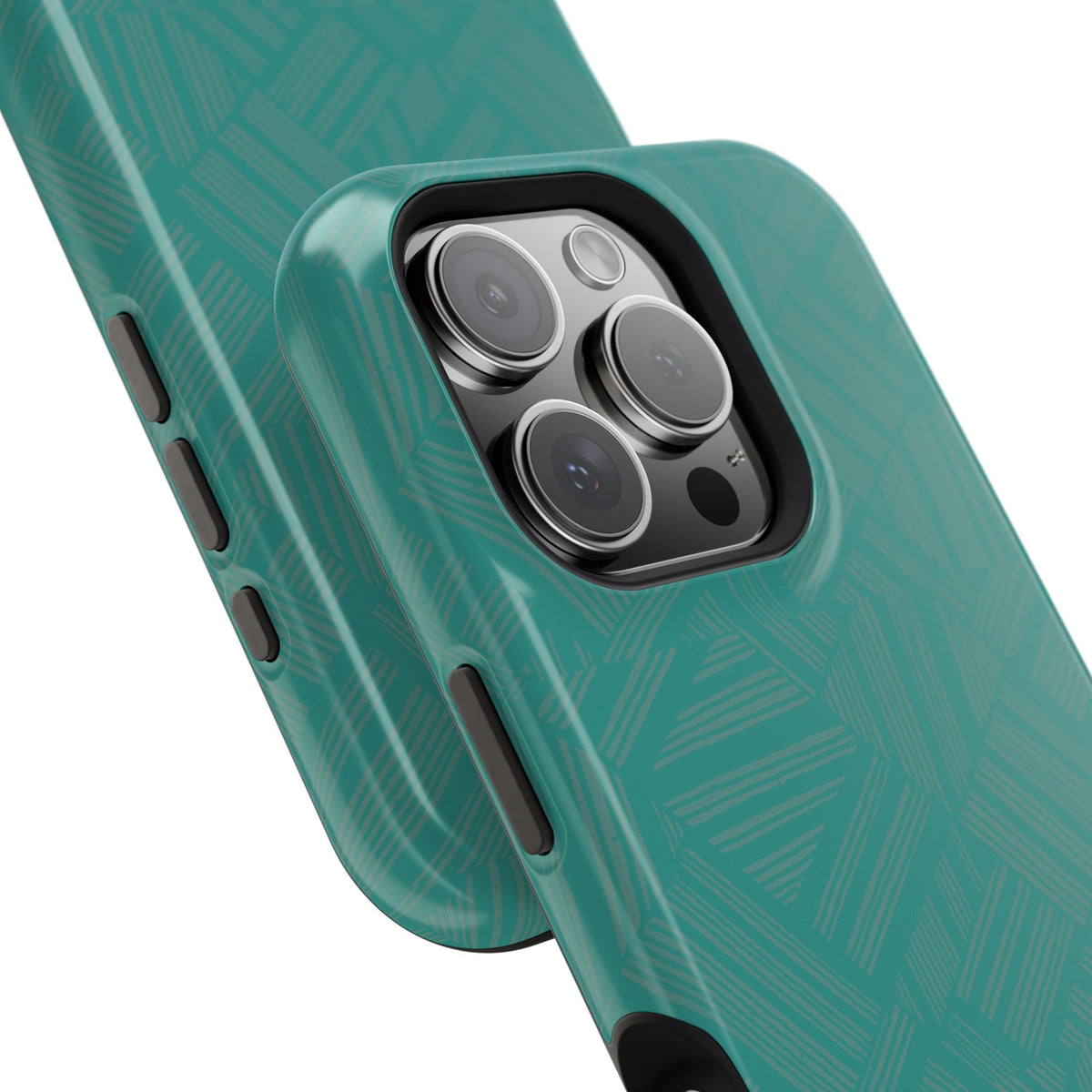 Magnetic Impact-Resistant Phone Case — Teal Geometric Protective Cover, magnetic iphone 18 pro case close-up of impact-resistant shell