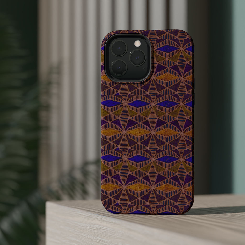 Phone Case — Geometric Tribal Pattern Magnetic Impact-Resistant Case, Fractyl impact resistant iphone 16 pro case shown floating against a modern geometric background.