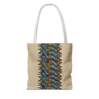Boho Geometric Everyday Patterned Canvas Tote Bag With Reinforced Handles, 3 Sizes, reverse view featuring the beige body, blue and tan geometric print, and white handles. Patterned canvas tote suited to art tote, beige bag, bohemian bag, boho tote, canvas tote, eco shopping, everyday tote, gift for her, market bag, neutral tote, printed tote, summer tote, and tribal tote looks.