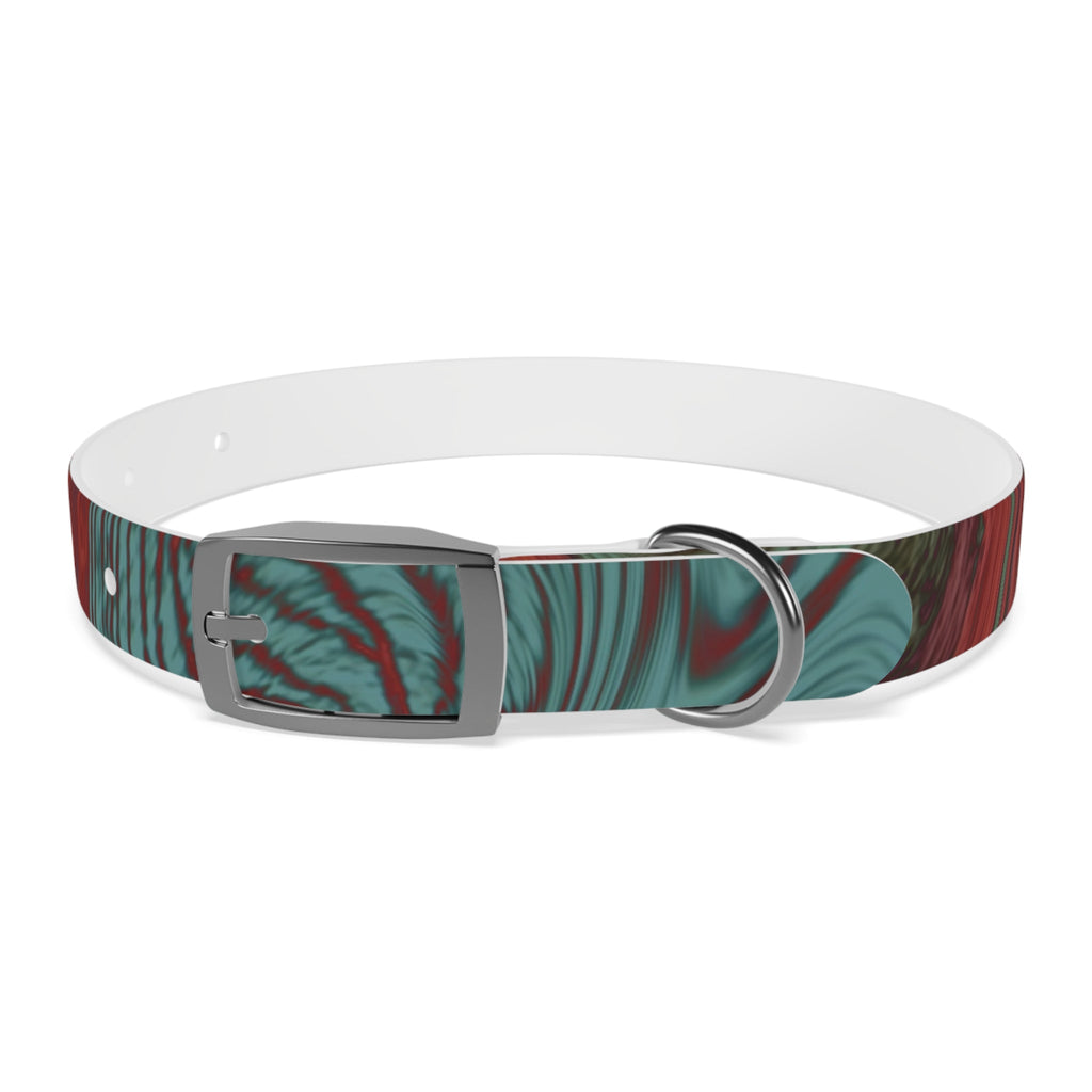 Side view of the Marbled Swirl Dog Collar — Red & Teal Abstract Pet Collar, highlighting the durable and hypoallergenic dog collar design.