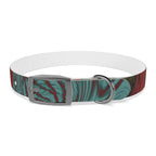 Side view of the Marbled Swirl Dog Collar — Red & Teal Abstract Pet Collar, highlighting the durable and hypoallergenic dog collar design.