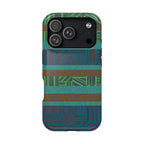Green Geometric Stripe Phone Case — Impact-Resistant, wireless charging iphone 16 pro max case shown on a dual-camera device.