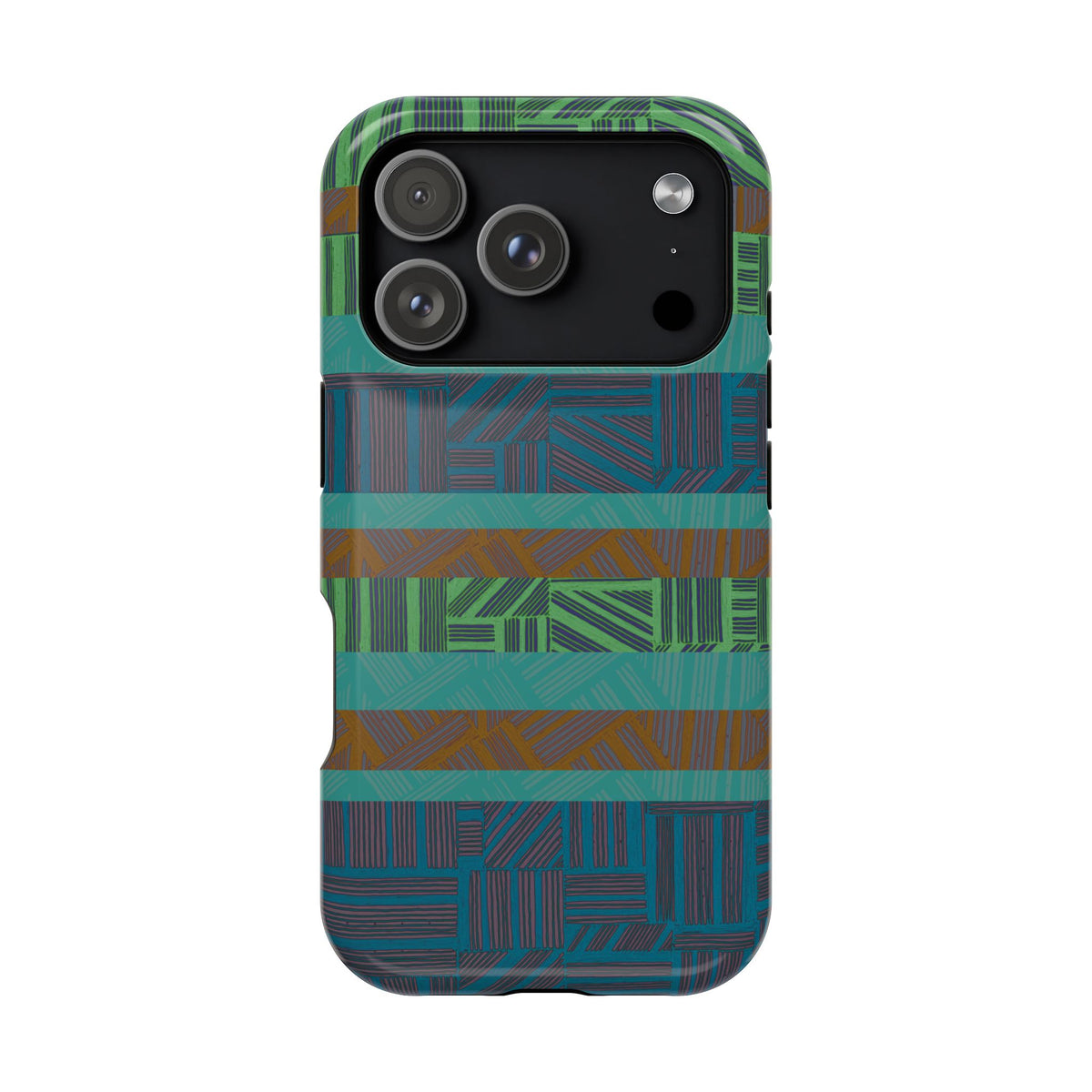 Green Geometric Stripe Phone Case — Impact-Resistant, wireless charging iphone 16 pro max case shown on a dual-camera device.