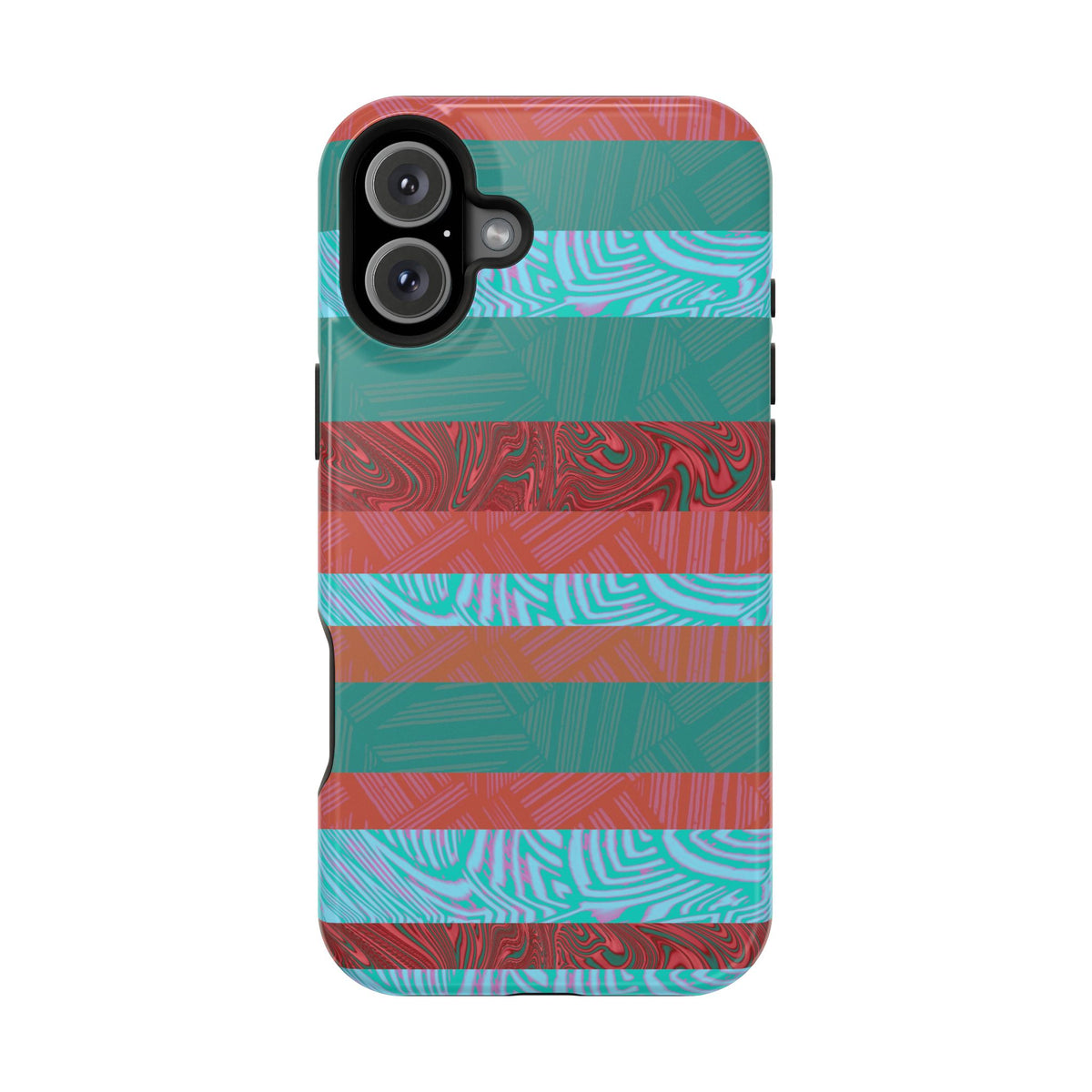 Striped Teal & Coral Magnetic Impact Phone Case protective bumper profile, Fractyl magsafe compatible iphone 18 pro max case