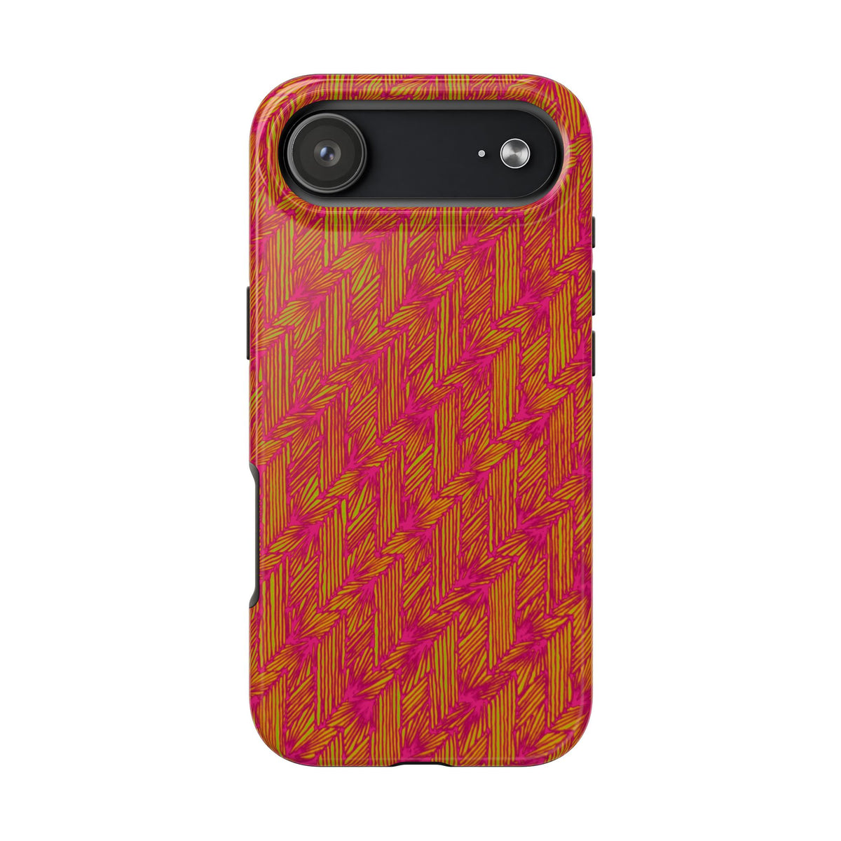 Tough Phone Case — Vibrant Tropical Herringbone Pattern, impact resistant iphone 17 case shown from the rear with triple-lens cutout
