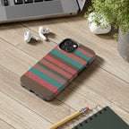 Striped Tribal Tough Phone Case — Retro Teal & Coral Protective Cover angled to show its slim protective profile as a fractyl shockproof iphone 17 pro case
