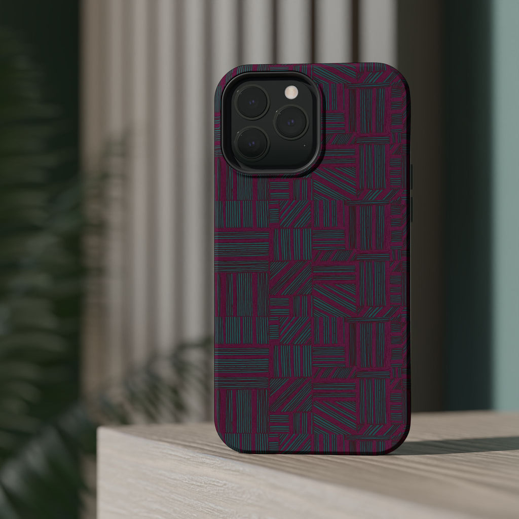 Slim Protective Phone Case With MagSafe, Dual-Layer Impact Protection, Plum Geometric Design, detailed bottom edge with speaker and charging port openings; slim protective iphone 16 promax  case.