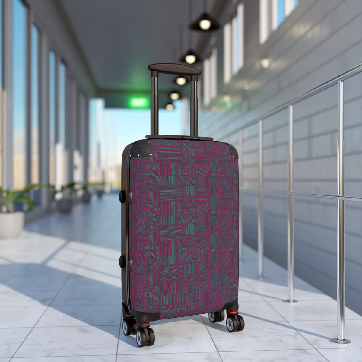 Geometric Plum Carry-On Suitcase – Stylish Patterned Rolling Luggage, stylish expandable carry on suitcase standing in an airport with a plum and teal geometric printed front and 360-degree wheels.
