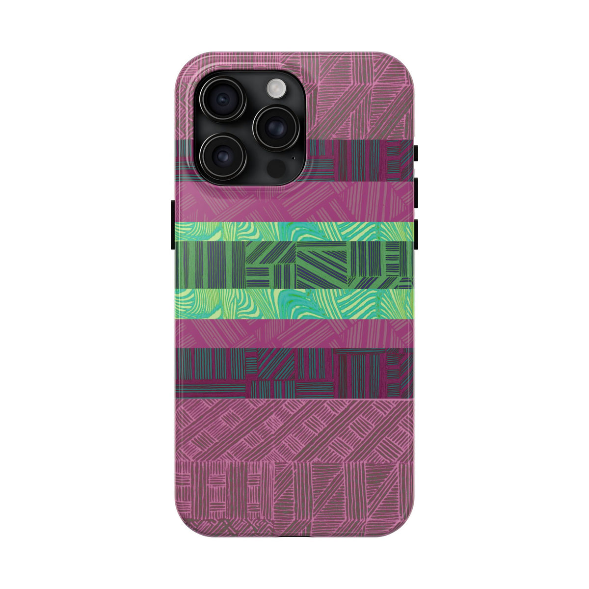 Fractyl glossy protective iphone 18 pro max case, Geometric Stripes Tough Phone Case — Purple & Teal Tribal Pattern, colorful geometric linework