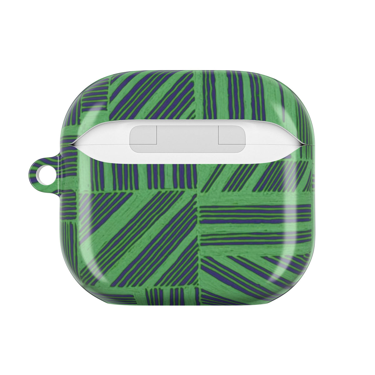 Green Geometric Plaid AirPod Case, rear view showing the accessible charging port and glossy polycarbonate shell of an Apple airpods pro 3 case with carabiner.