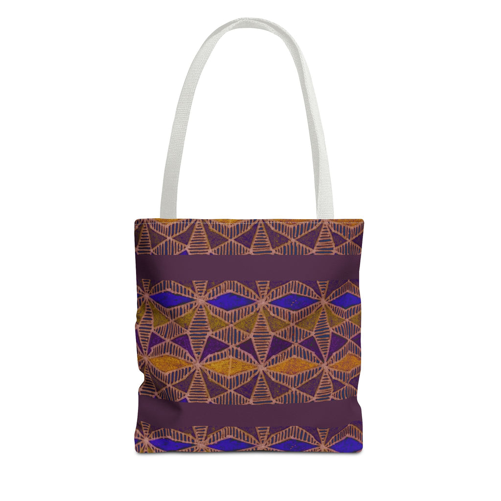 Bohemian Geometric Pattern Tote Bag — Purple & Gold All-Over Print, white-handle printed canvas tote with purple and gold geometric pattern