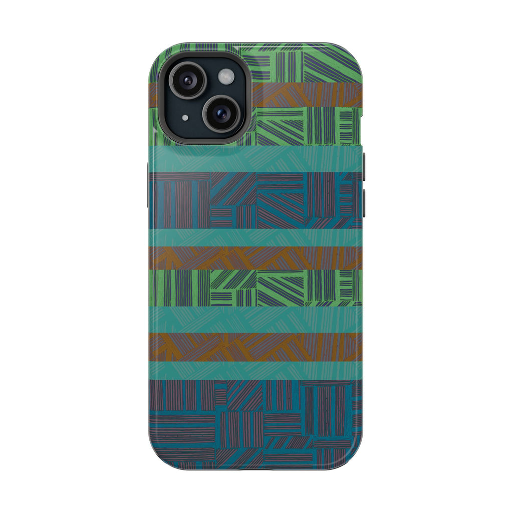 Green Geometric Stripe Phone Case — Impact-Resistant, wireless charging iphone 16 pro max case back view featuring forest green and warm brown bands.