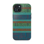 Green Geometric Stripe Phone Case — Impact-Resistant, wireless charging iphone 16 pro max case back view featuring forest green and warm brown bands.
