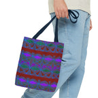 Geometric Heart Pattern Tote Bag — Vintage Tribal All-Over Print, model carrying a geometric canvas tote bag with navy handles