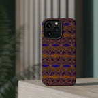 Phone Case — Geometric Tribal Pattern Magnetic Impact-Resistant Case, Fractyl impact resistant iphone 16 pro case shown in an exploded protective case arrangement with magnetic charging ring.