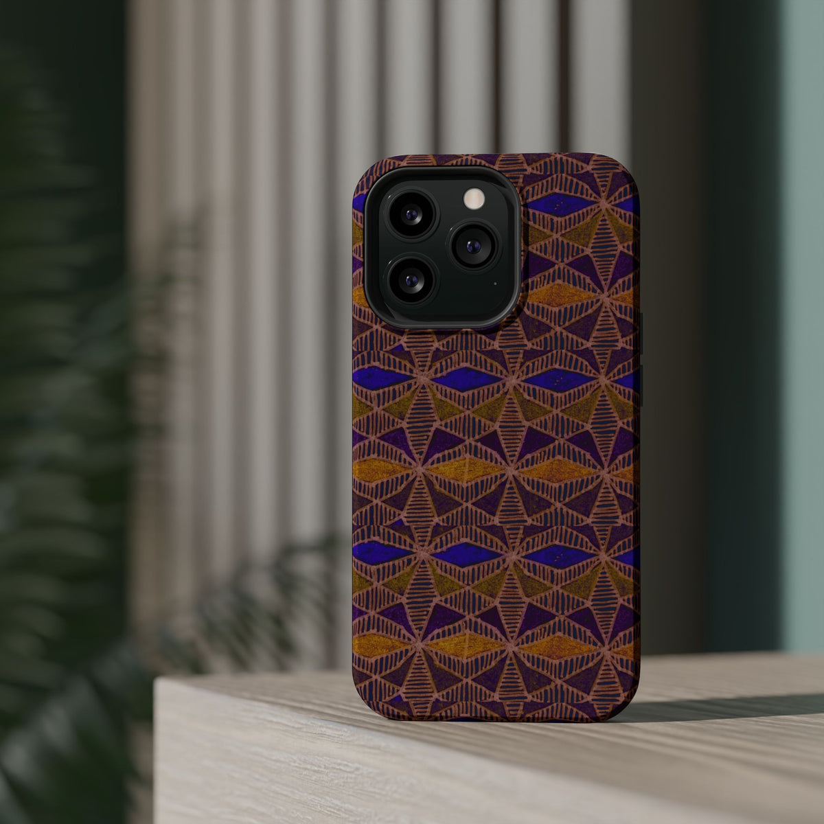 Phone Case — Geometric Tribal Pattern Magnetic Impact-Resistant Case, Fractyl impact resistant iphone 16 pro case shown in an exploded protective case arrangement with magnetic charging ring.
