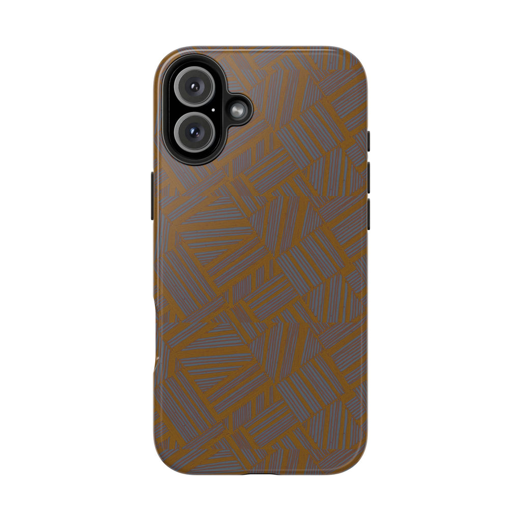 Tough Phone Case — Geometric Maze Brown Protective Cover, wireless charging iphone 18 pro max case featuring a rich earthy brown geometric pattern.