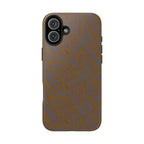 Tough Phone Case — Geometric Maze Brown Protective Cover, wireless charging iphone 18 pro max case featuring a rich earthy brown geometric pattern.