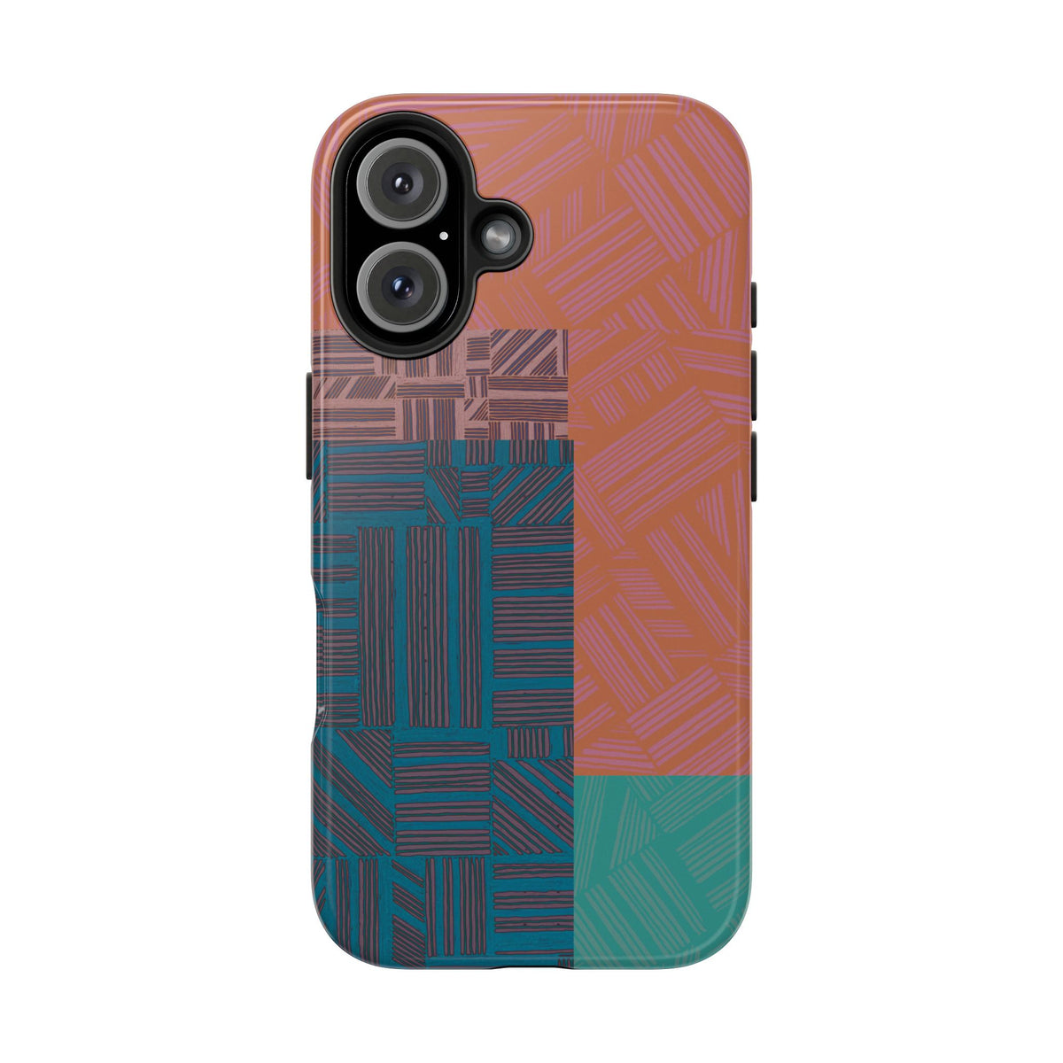 Abstract Geometric Tough Phone Case — Retro Block Pattern, retro iphone 18 pro max case with dual-camera opening and distinctive terracotta geometric graphics.
