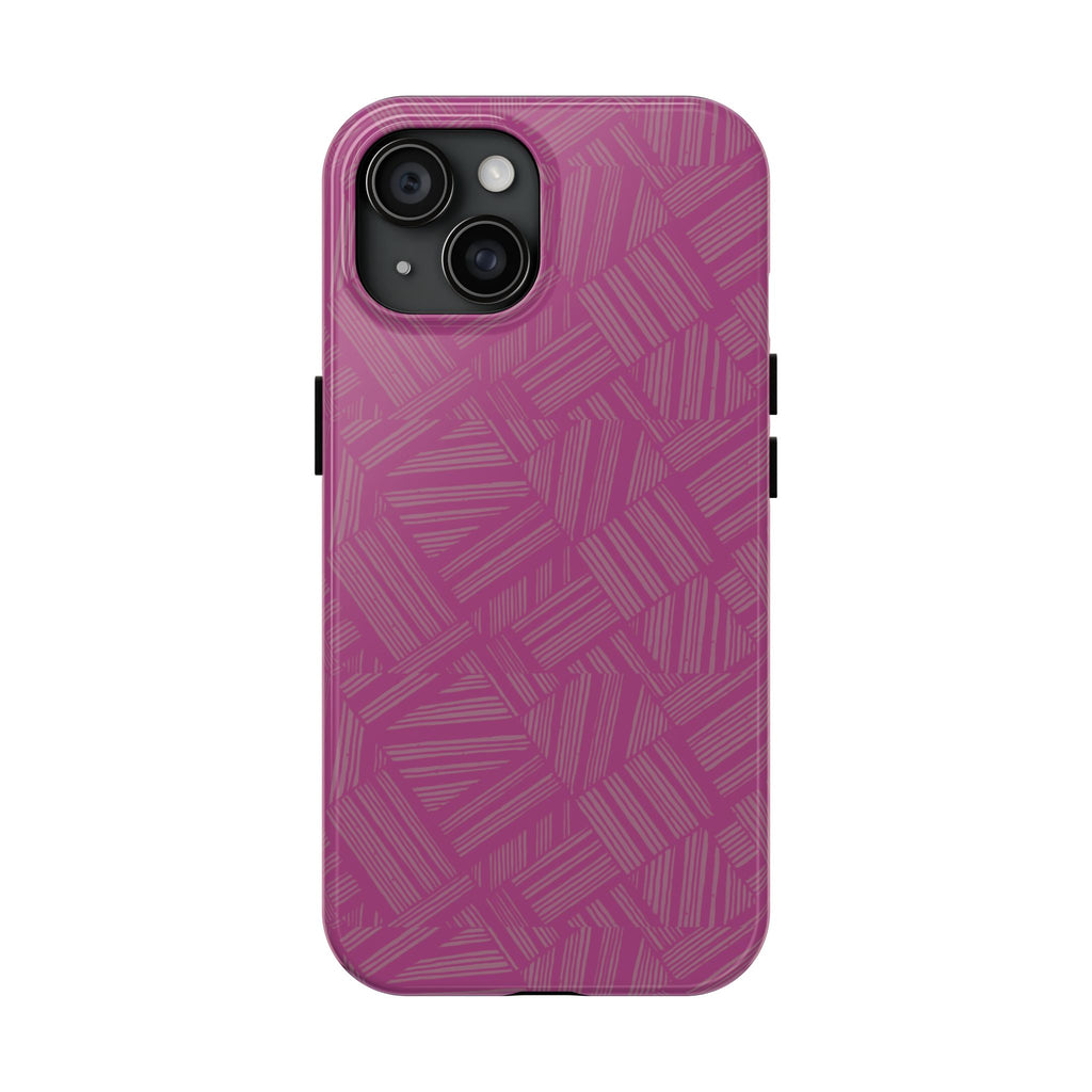 Magenta Geo Pattern Tough Phone Case — Protective Floral-Style Abstract Design, wireless charging iphone 18 pro case with large multi-camera opening.