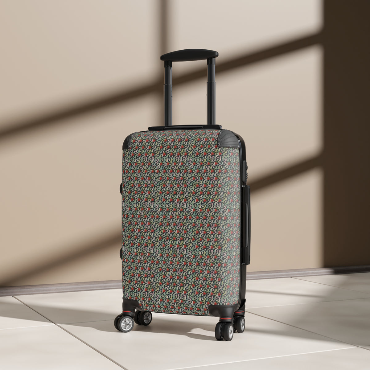 Houndstooth Carry-On Suitcase – Retro Red & Green Patterned Travel Luggage, hard shell carry on standing in sunlight with smooth spinner wheels