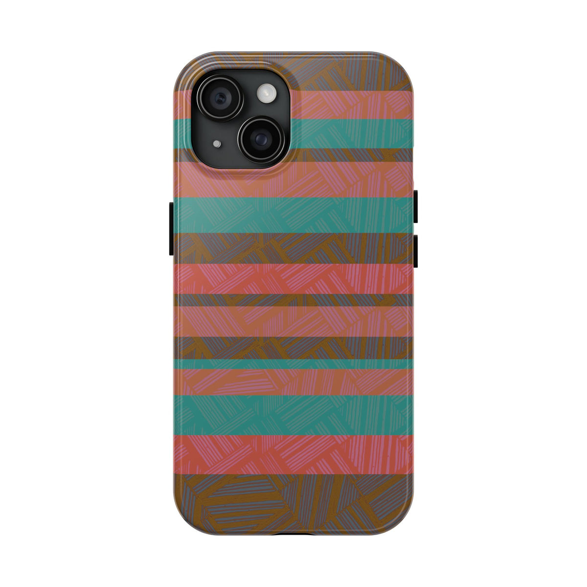 Striped Tribal Tough Phone Case — Retro Teal & Coral Protective Cover with raised camera protection on a fractyl shockproof iphone 17 pro case