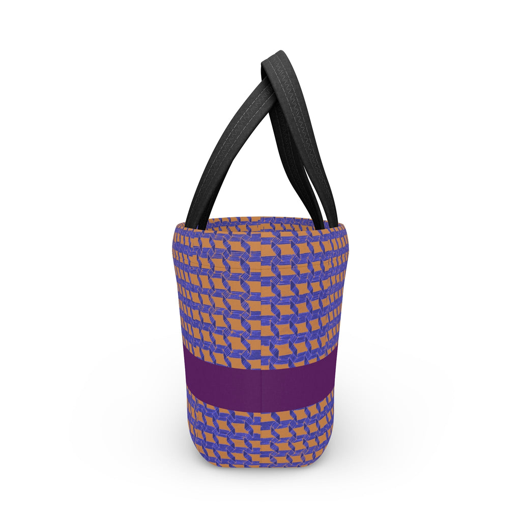 Colorful insulated lunch bag featuring a unique purple and orange woven stripe design, perfect for every day, school lunches, or work lunches. This reusable lunch bag can also double as a small cooler or fashionable picnic tote.