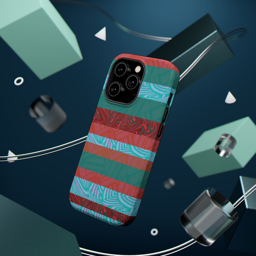 Striped Teal & Coral Magnetic Impact Phone Case vivid artistic smartphone cover, Fractyl magsafe compatible iphone 18 pro max case