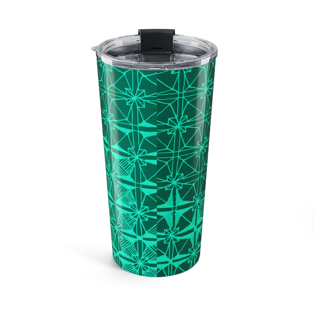 Patterned Insulated Travel Cup highlighting interlocking teal star motifs, featuring durable vacuum insulated stainless steel that keeps your drinks hot or cold.