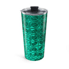 Patterned Insulated Travel Cup highlighting interlocking teal star motifs, featuring durable vacuum insulated stainless steel that keeps your drinks hot or cold.
