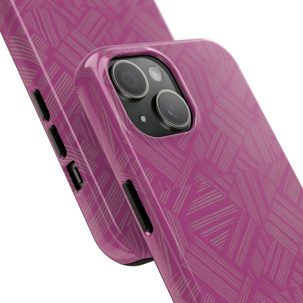 Magenta Geo Pattern Tough Phone Case — Protective Floral-Style Abstract Design, wireless charging iphone 18 pro case with detailed magenta abstract pattern.