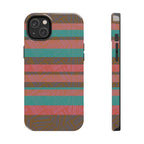 Striped Tribal Tough Phone Case — Retro Teal & Coral Protective Cover displayed beside a laptop and earbuds as a stylish fractyl shockproof iphone 17 pro case
