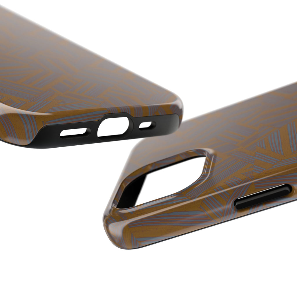 Tough Phone Case — Geometric Maze Brown Protective Cover, wireless charging iphone 18 pro max case shown in a close-up of its raised camera bezel.