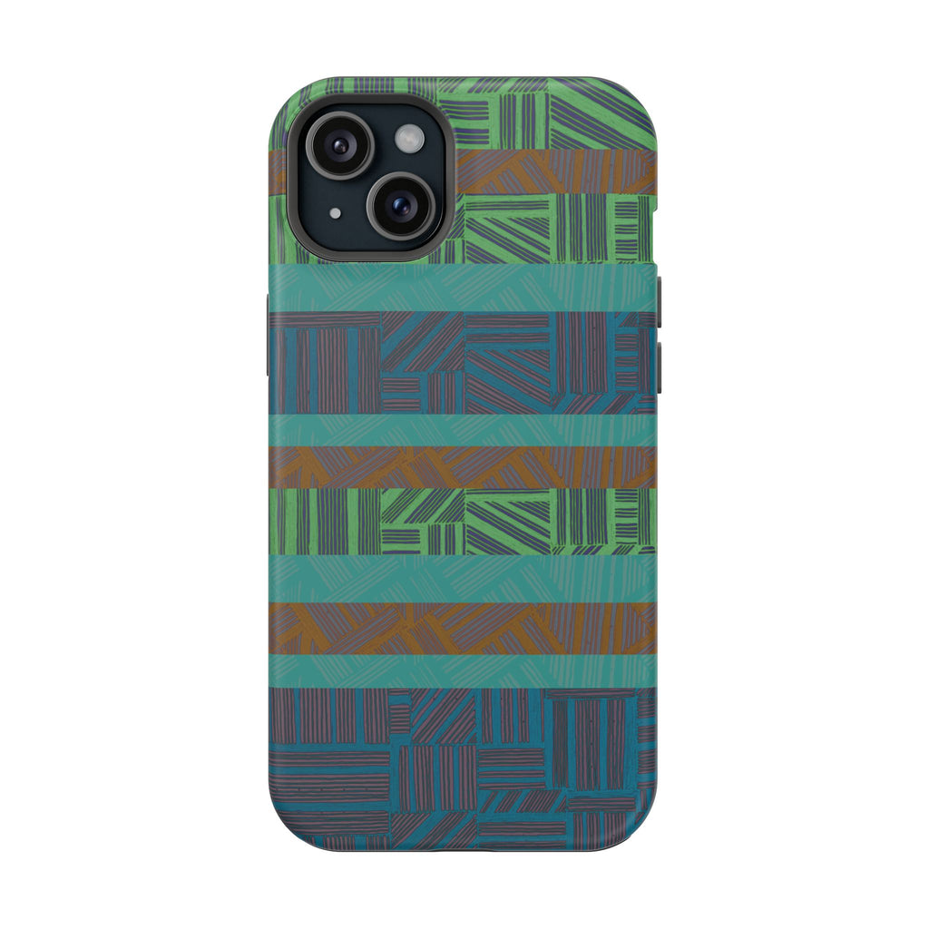 Green Geometric Stripe Phone Case — Impact-Resistant, wireless charging iphone 16 pro max case product image with raised camera opening.