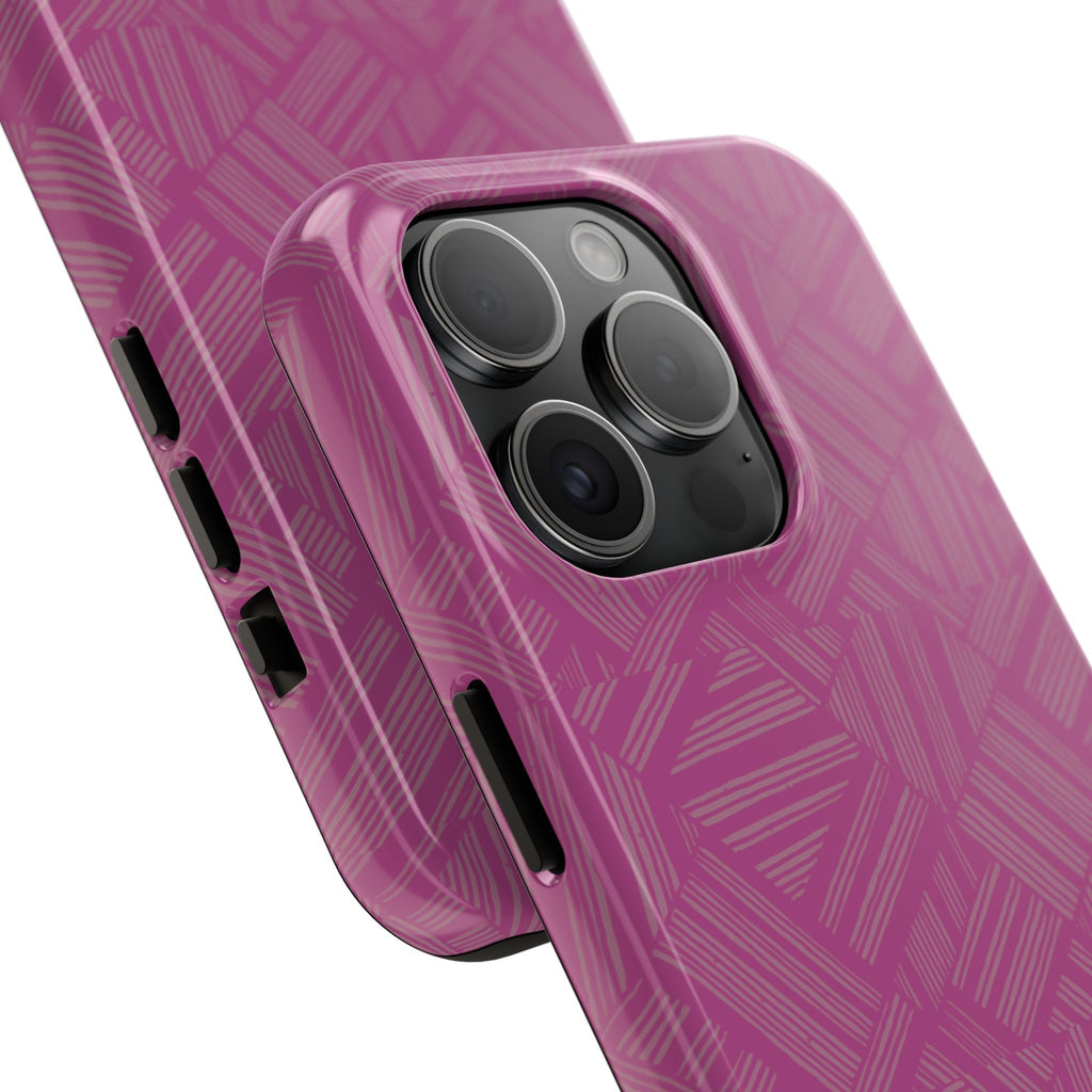 Magenta Geo Pattern Tough Phone Case — Protective Floral-Style Abstract Design, wireless charging iphone 18 pro case with reinforced camera opening.