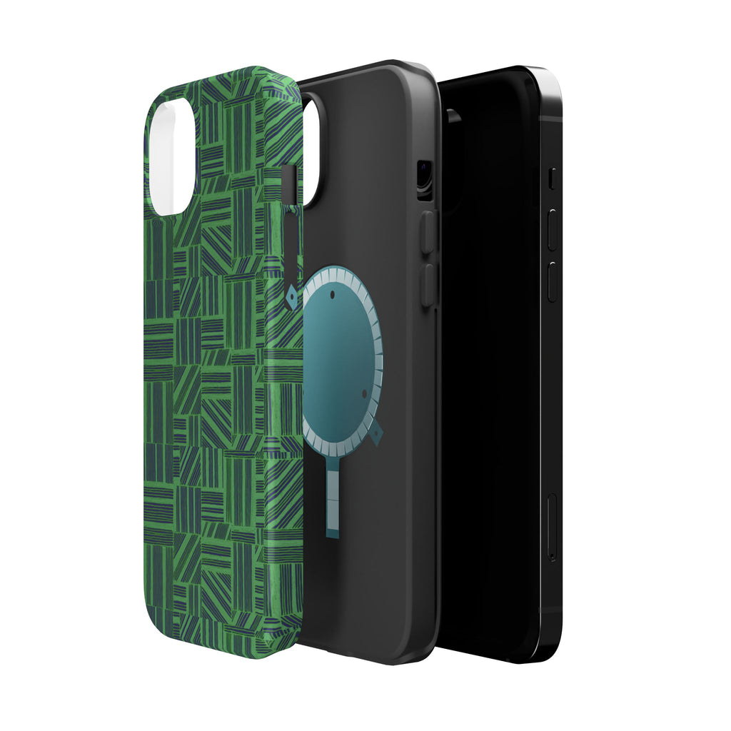 Green Magnetic Phone Case — 2-Layer Geometric MagSafe-Compatible Impact-Resistant Cover, green magnetic phone case- price match with CASETiFY and Casely, upright case lifestyle image with triple-camera cutout.