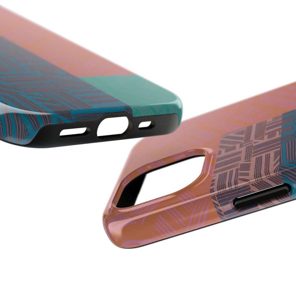 Abstract Geometric Tough Phone Case — Retro Block Pattern, retro iphone 18 pro max case demonstrating precise fit around the phone camera and side controls.