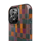 Impact-Resistant Phone Case — Retro Checkerboard Pattern, Fractyl wireless charging iphone 18 pro case displayed from the side with a colorful full-wrap checkerboard finish.