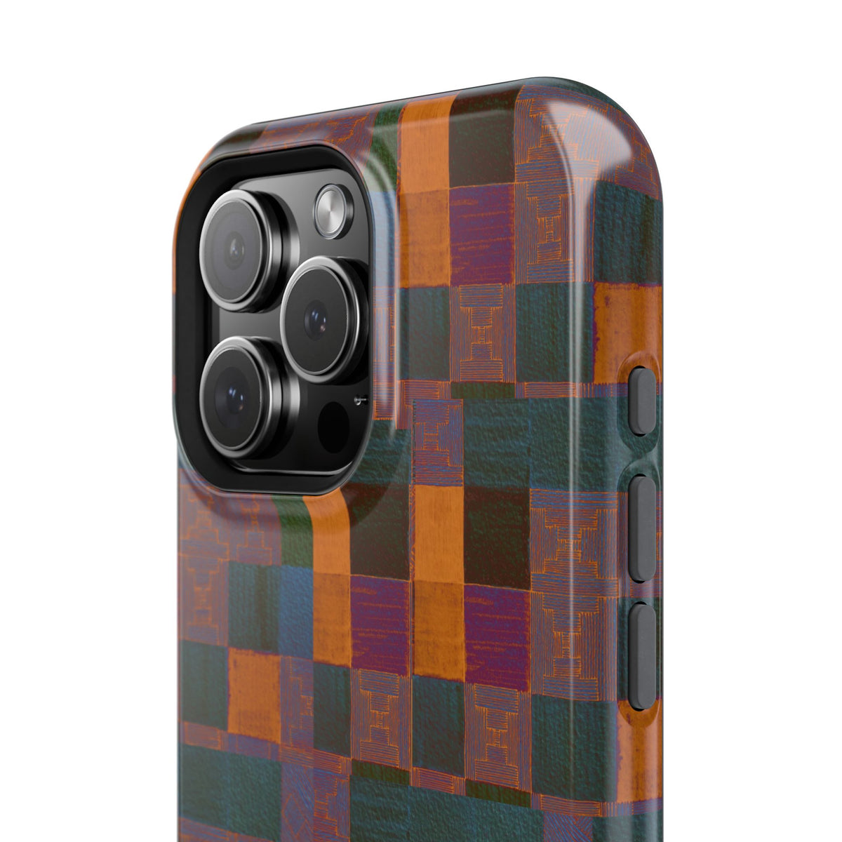 Impact-Resistant Phone Case — Retro Checkerboard Pattern, Fractyl wireless charging iphone 18 pro case displayed from the side with a colorful full-wrap checkerboard finish.