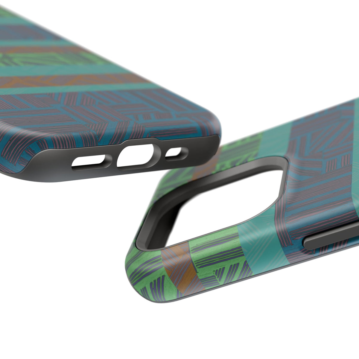Green Geometric Stripe Phone Case — Impact-Resistant, wireless charging iphone 16 pro max case detailed angled view with raised camera protection.