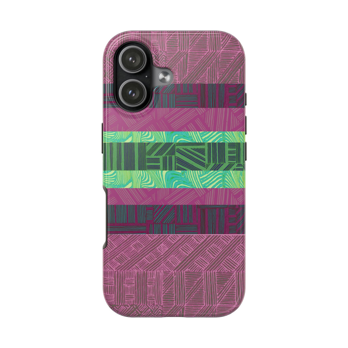 Fractyl glossy protective iphone 18 pro max case, Geometric Stripes Tough Phone Case — Purple & Teal Tribal Pattern, slim-fit glossy finish