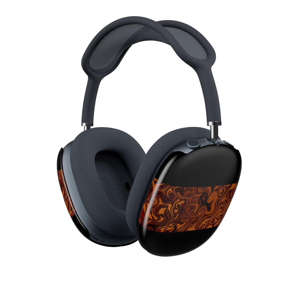 AirPods Max Lightweight Shell Case - Brown Swirl Marble Stripe, Scratch-Resistant, Durable Protection shown from the opposite angle on black headphones; Apple Airpods Max 2 lightweight shell offering bold style and lasting protection.