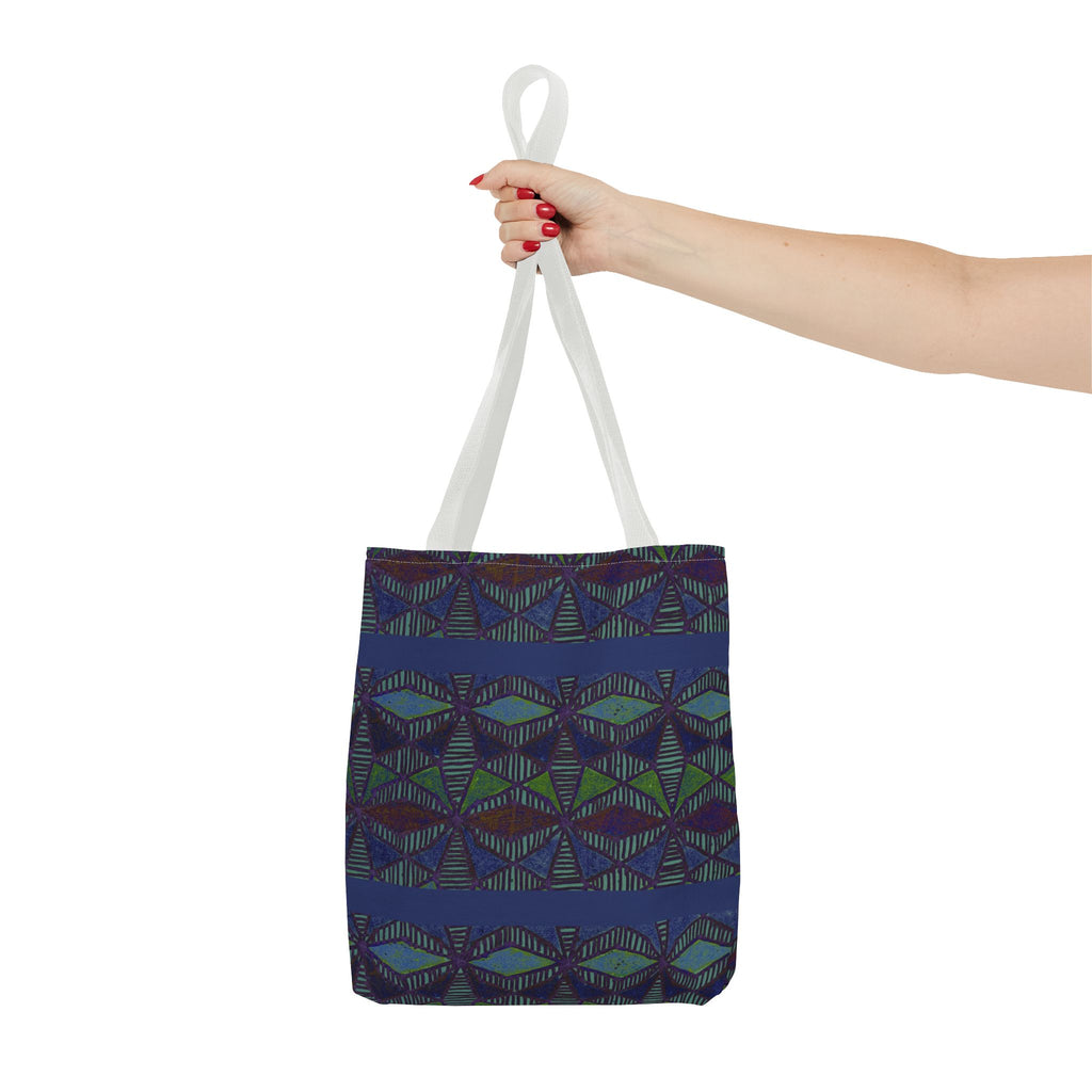 Geometric Indigo Printed Canvas Market Tote With Reinforced Handles And Boxed Corners, large cotton tote with natural-colored handles