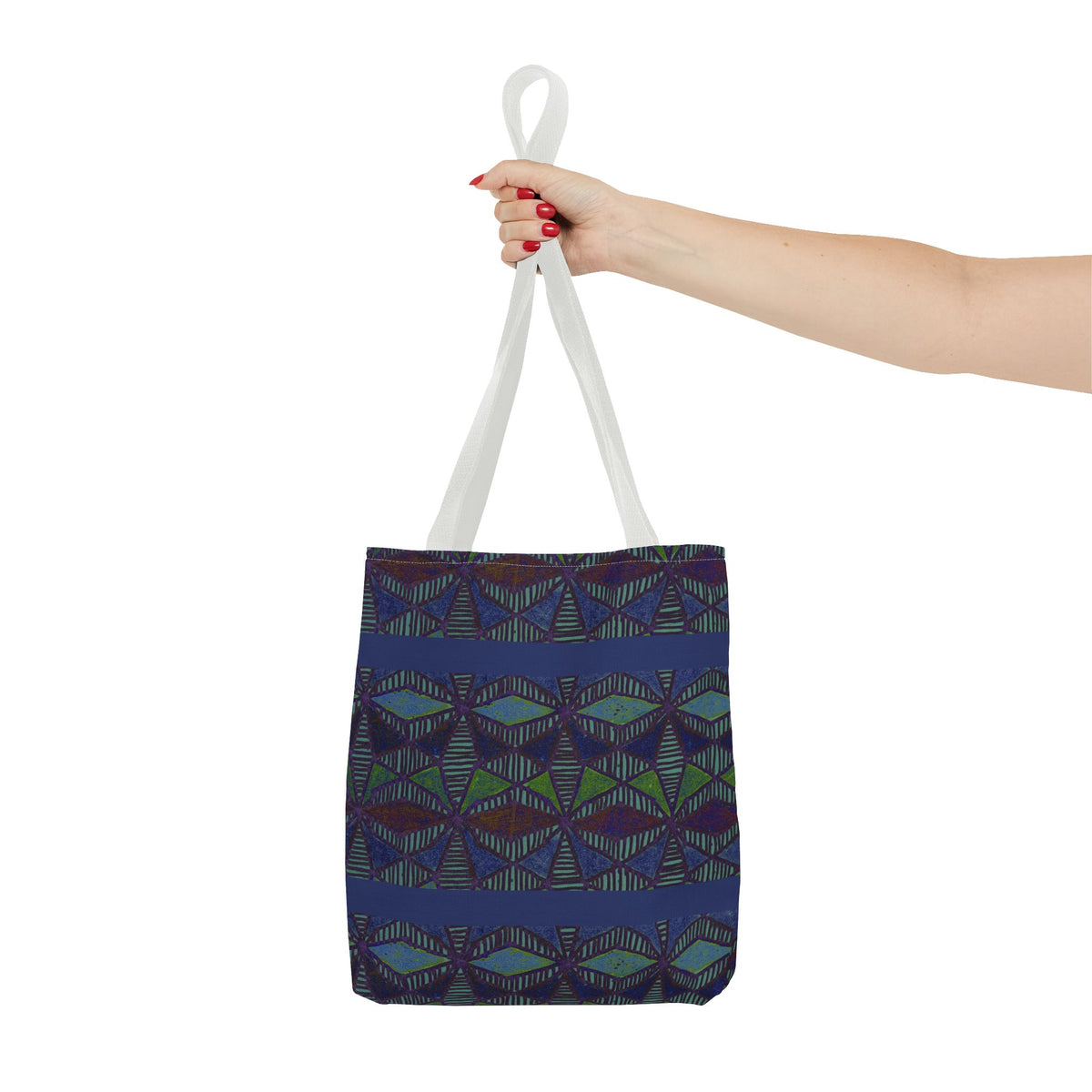 Geometric Indigo Printed Canvas Market Tote With Reinforced Handles And Boxed Corners, large cotton tote with natural-colored handles